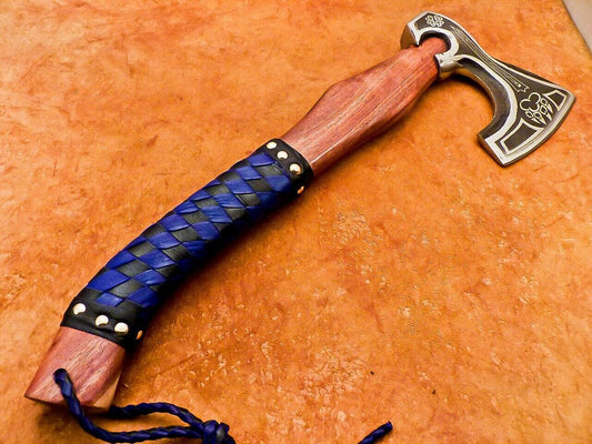18" Hand Forged Carbon Steel Viking Bearded Hatchet Tomahawk Axe with Wooden Handle and Leather Sheath