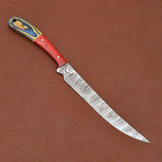 Premium Full Tang Handmade Damascus Steel Chef Knife with Wood Handle & Leather Sheath