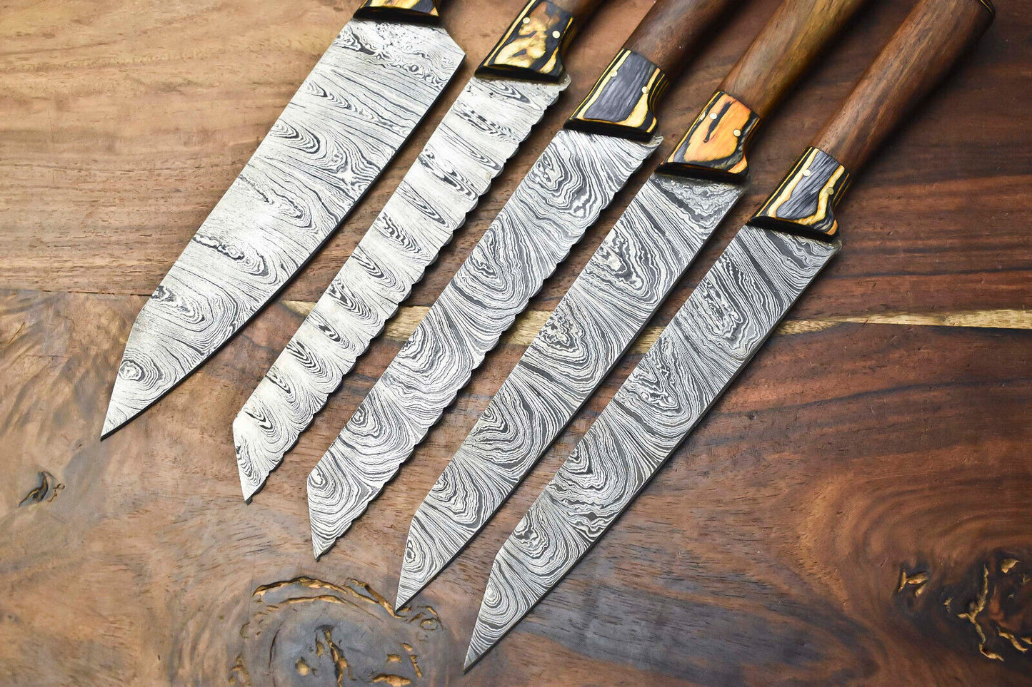 Custom Lot of 5 Handmade Hammered Damascus Steel Blade Chef Knife Set with Sheath