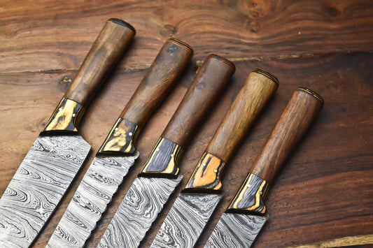 Custom Lot of 5 Handmade Hammered Damascus Steel Blade Chef Knife Set with Sheath