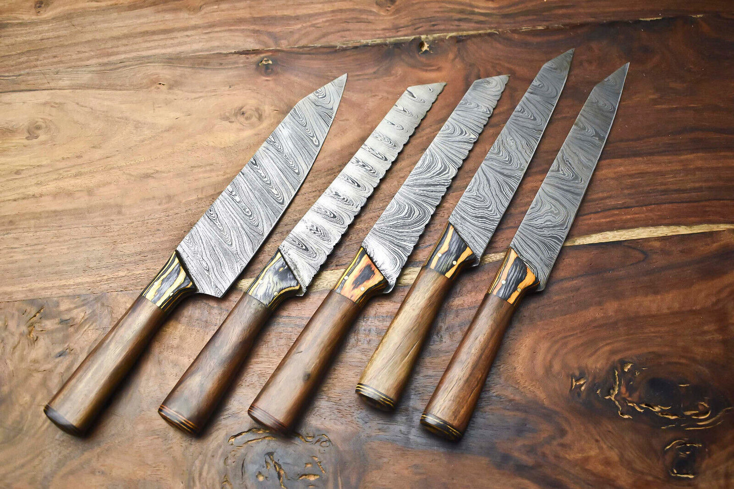 Custom Lot of 5 Handmade Hammered Damascus Steel Blade Chef Knife Set with Sheath