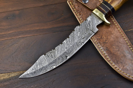 Custom Tactical Damascus Steel Bowie Knife with Walnut Wood Handle
