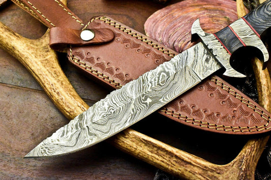 Custom Handmade Damascus Steel Hunting Bowie Knife | Hard Wood Handle, 13.5" Blade