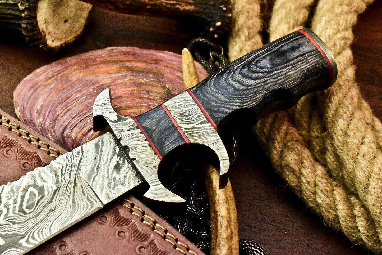 Custom Handmade Damascus Steel Hunting Bowie Knife | Hard Wood Handle, 13.5" Blade