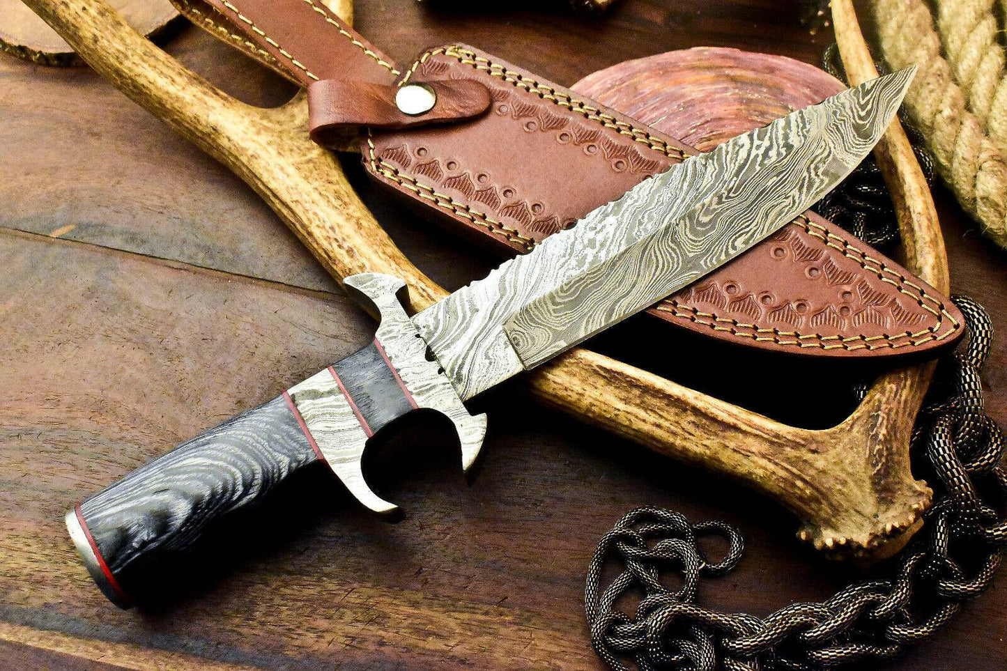 Custom Handmade Damascus Steel Hunting Bowie Knife | Hard Wood Handle, 13.5" Blade