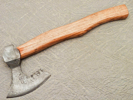 14.5 Inch Handmade Damascus Steel Axe with Olive Wood Handle and Leather Sheath