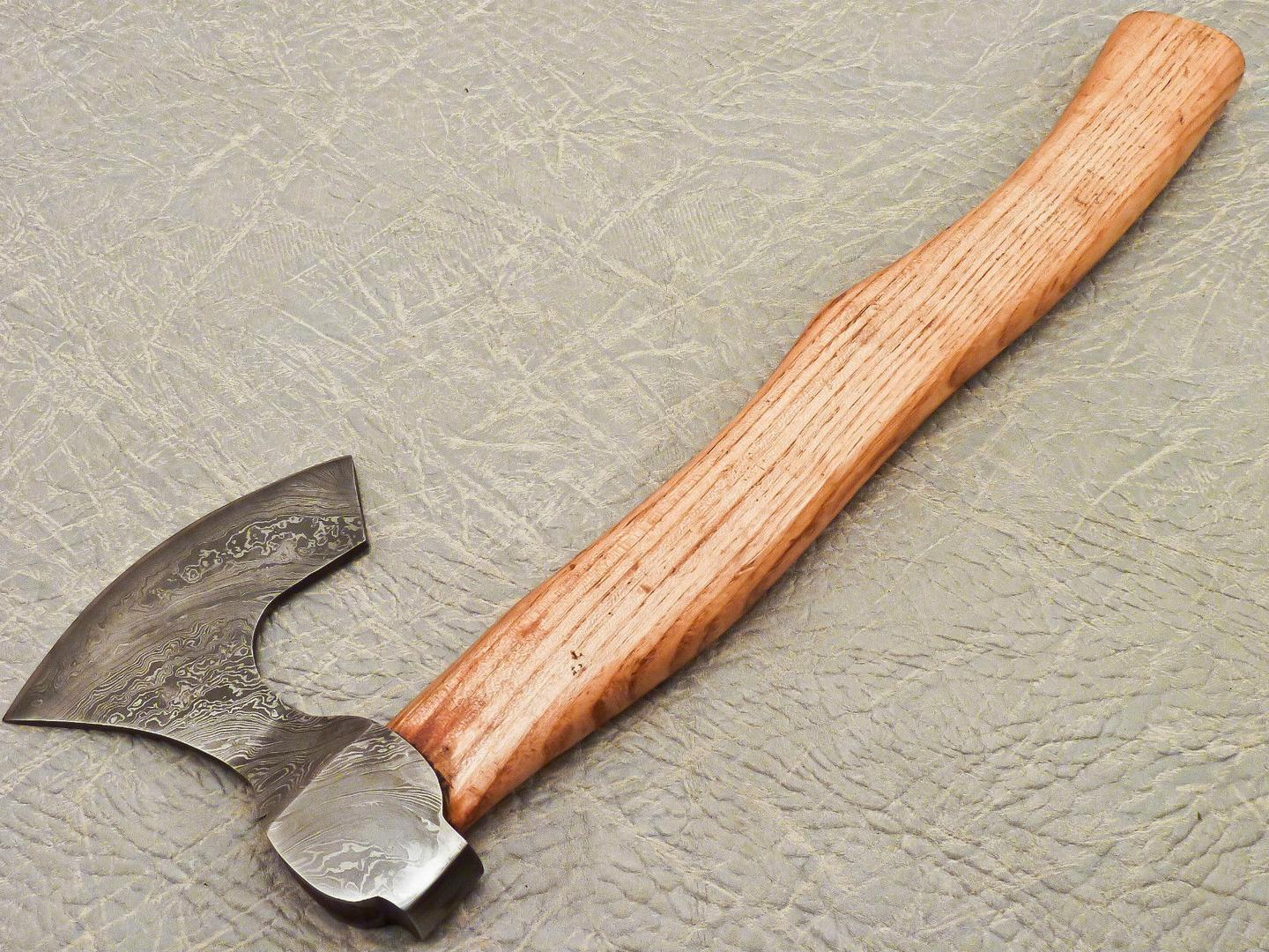 14.5 Inch Handmade Damascus Steel Axe with Olive Wood Handle and Leather Sheath