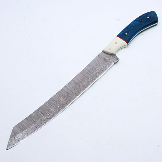 14" Handmade Twist Damascus Steel Brisket Fillet & Hunting Chef Knife with Leather Sheath