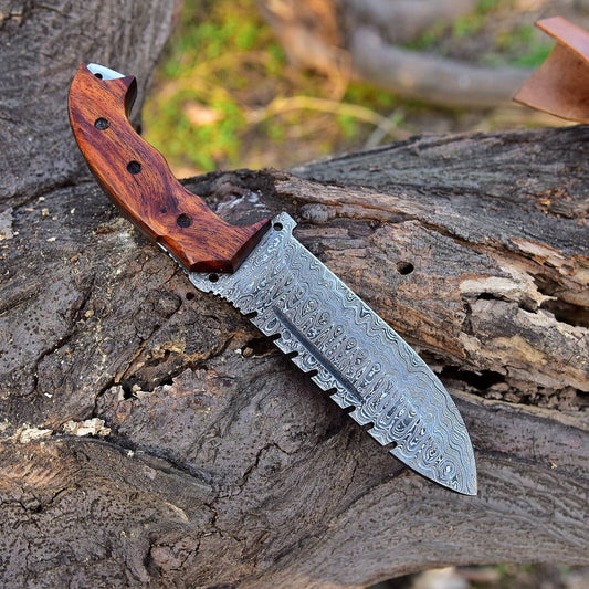 10" Handmade Damascus Steel Tracker Hunting Bushcraft Knife with Wood Handle & Sheath