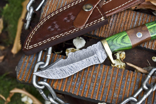Custom Skinner Knife Fire Damascus Hard Wood Brass Guard Handmade Outdoor Hunting Knife w/ Leather Sheath