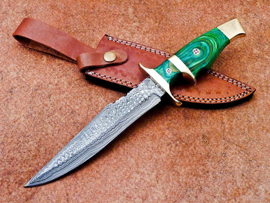 Heritage Forge 12 Inch Damascus Steel Bowie Knife with Hardwood Handle for Camping and Hunting