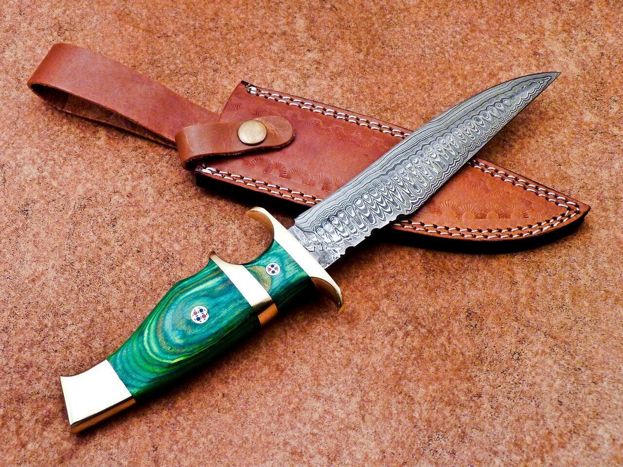 Heritage Forge 12 Inch Damascus Steel Bowie Knife with Hardwood Handle for Camping and Hunting
