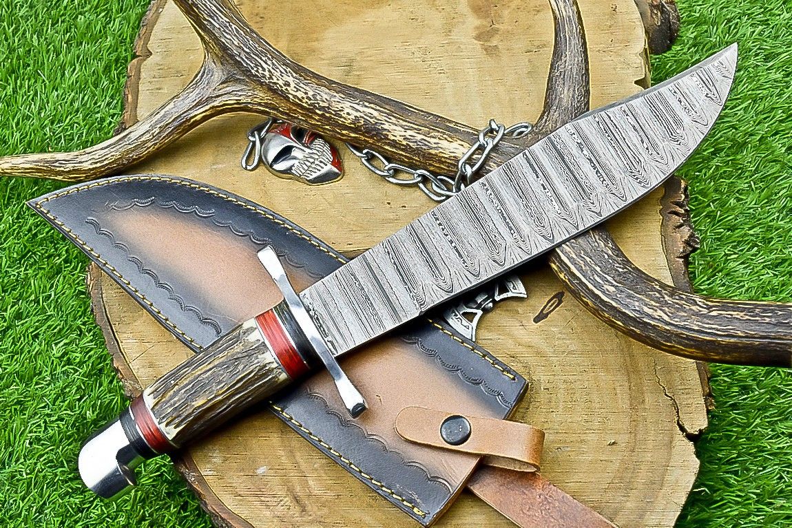 17" Premium Handmade Damascus Steel Bowie Knife – Stag Handle & Leather Sheath
