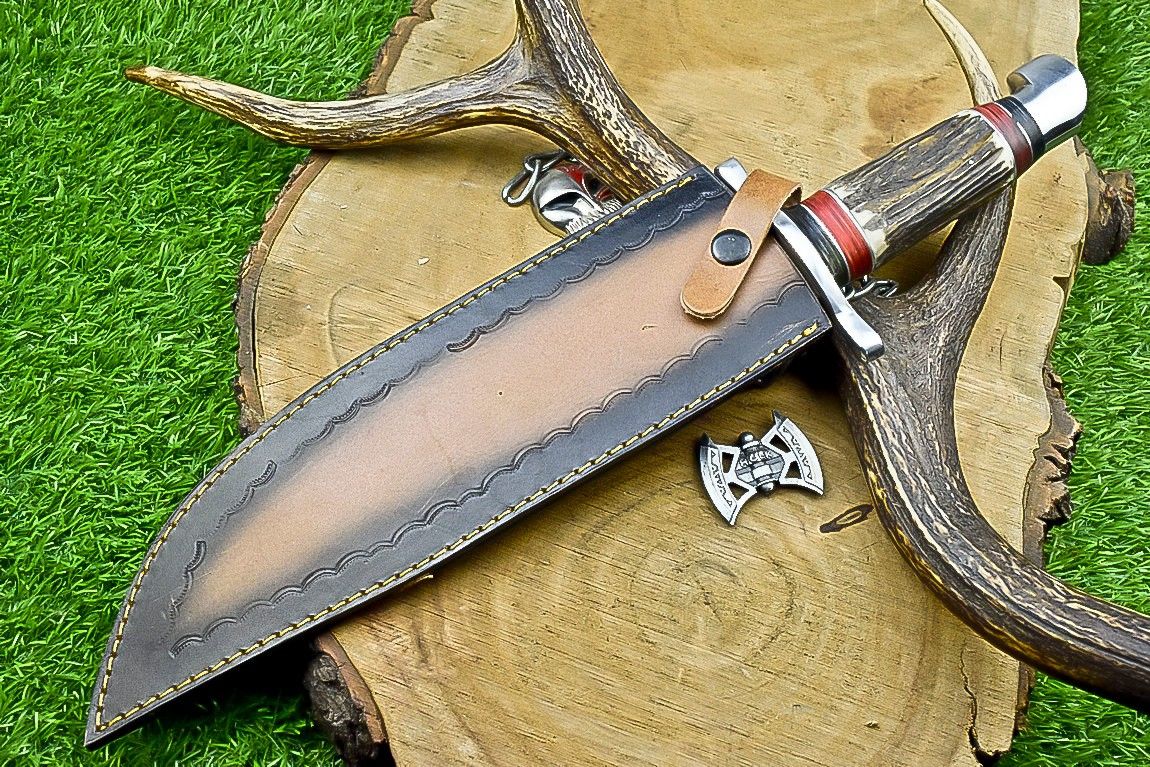 17" Premium Handmade Damascus Bowie Knife Damascus Steel Knife With Stag Handle & Sheath