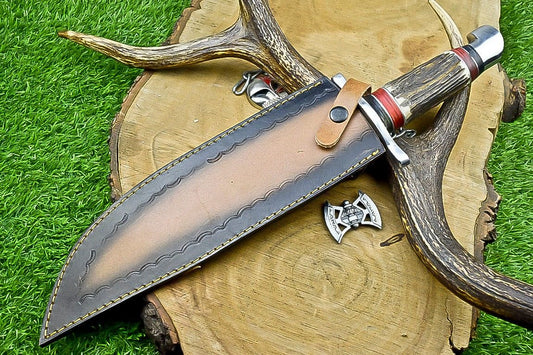 17" Premium Handmade Damascus Steel Bowie Knife – Stag Handle & Leather Sheath