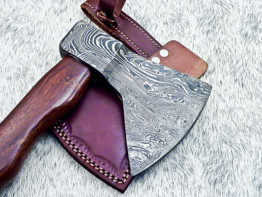 Damascus Steel Axe – Limited Edition Custom Forged Battle Axe with Natural Wood Handle and Leather Sheath