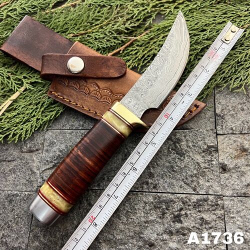 8" Handmade Damascus Mini Bushcraft Bowie Knife – Leather Handle with Sheath