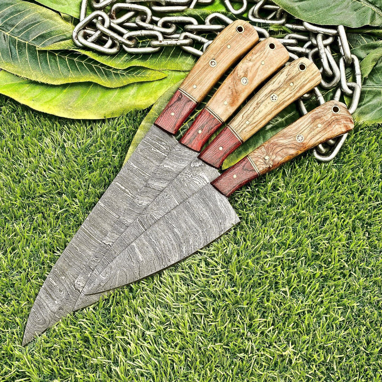 Lot of 4 Damascus Steel Chef Knives Set – Full Tang Kitchen Knife Collection