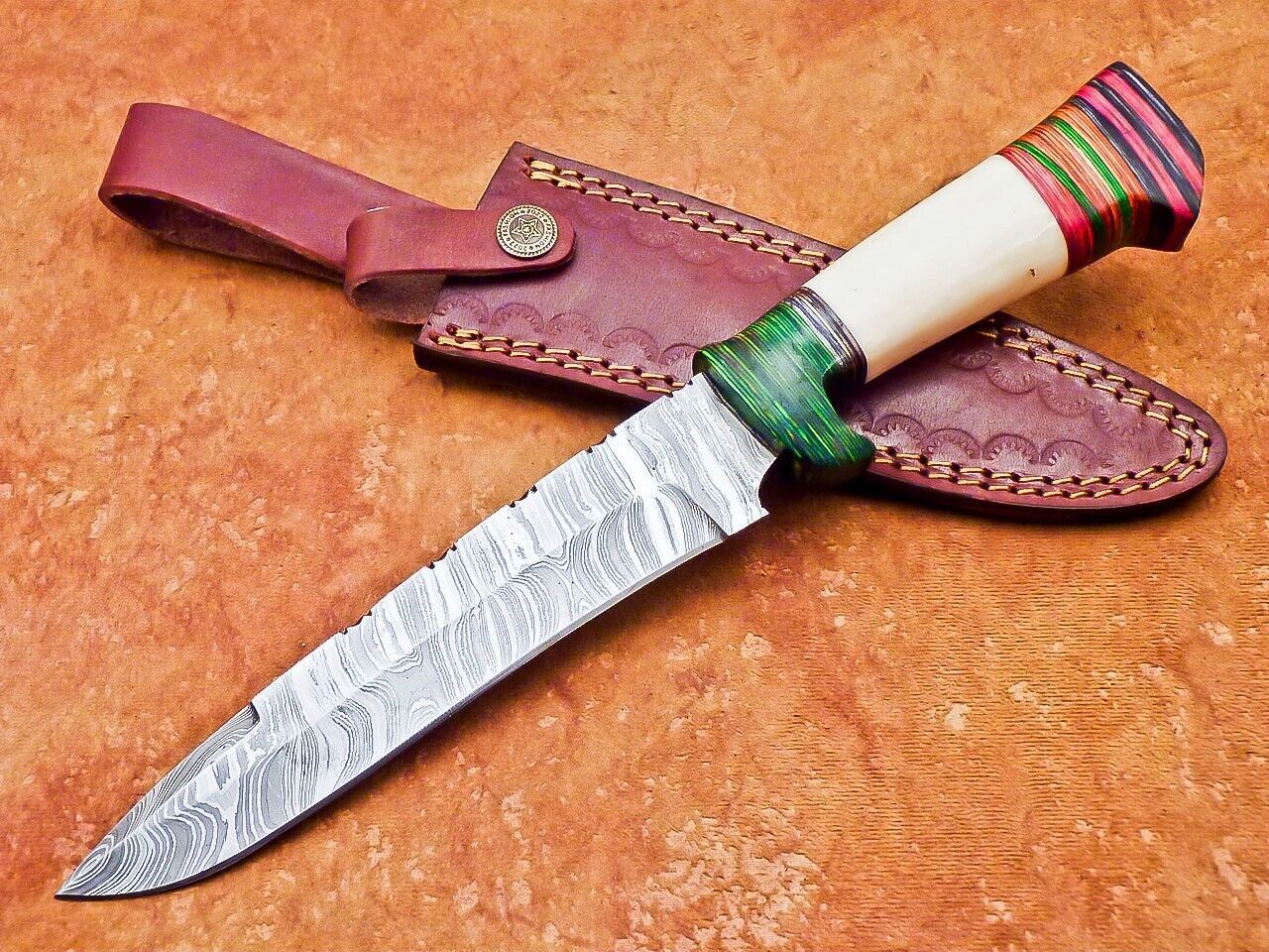 12" Damascus Bowie Knife – Camel Bone & Hardwood Handle with Leather Sheath