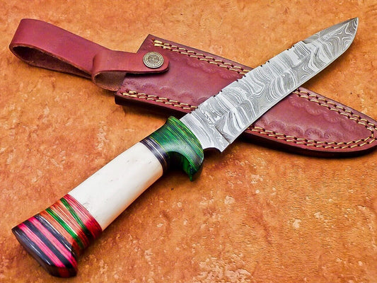 12" Damascus Bowie Knife – Camel Bone & Hardwood Handle with Leather Sheath