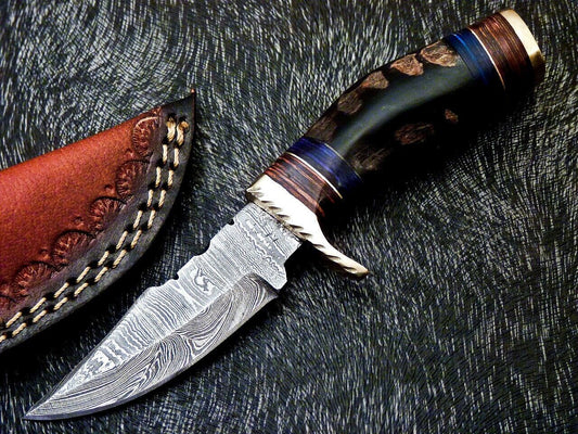 Heritage Forge 6 Inch Handmade Damascus Steel Hunting Knife with Ram Horn and Wood Handle