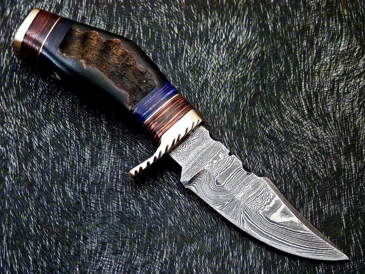 Heritage Forge 6 Inch Handmade Damascus Steel Hunting Knife with Ram Horn and Wood Handle