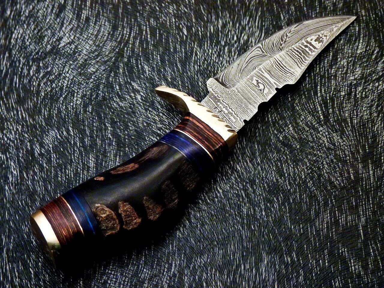 Heritage Forge 6 Inch Handmade Damascus Steel Hunting Knife with Ram Horn and Wood Handle