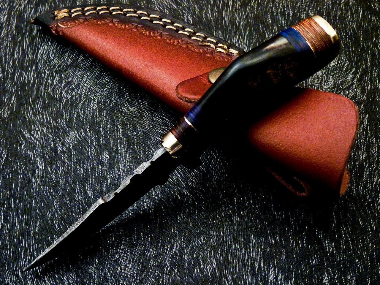Heritage Forge 6 Inch Handmade Damascus Steel Hunting Knife with Ram Horn and Wood Handle