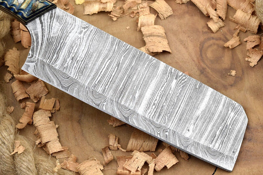 Custom Handmade Damascus Steel Chef Knife – 11" Kitchen Knife with 6" Blade & White/Blue Dollar Cleaver Sturl Open Tang Handle
