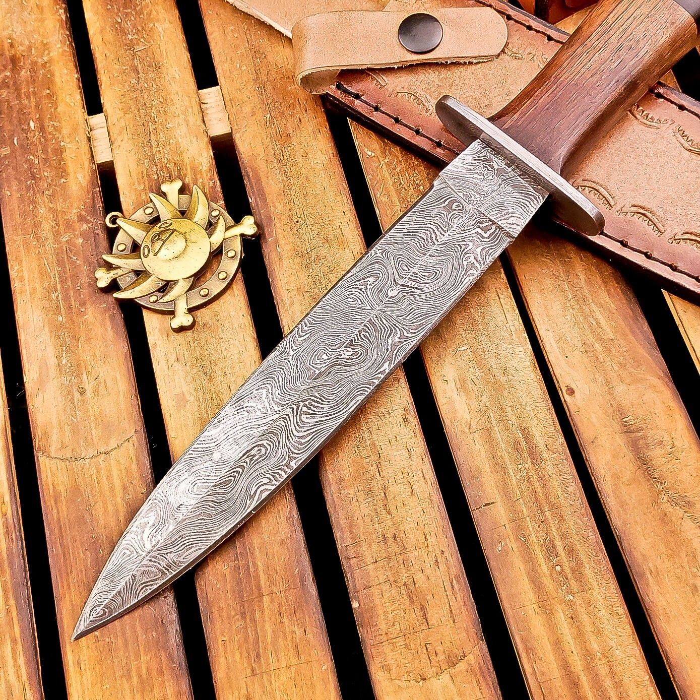 13 Inch Damascus Steel Dagger Hunting Knife with Wood Handle and Sheath