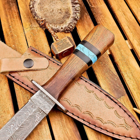 13 Inch Damascus Steel Dagger Hunting Knife with Wood Handle and Sheath