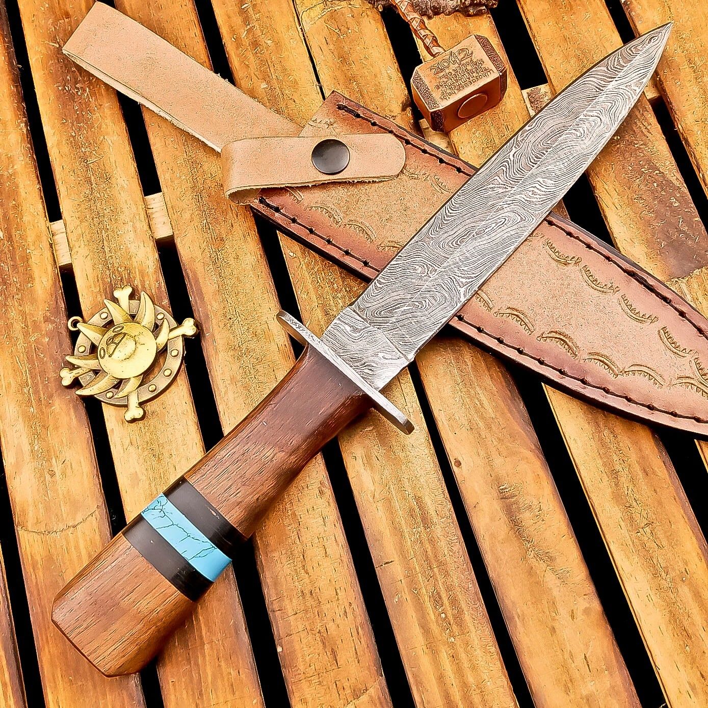 13 Inch Damascus Steel Dagger Hunting Knife with Wood Handle and Sheath