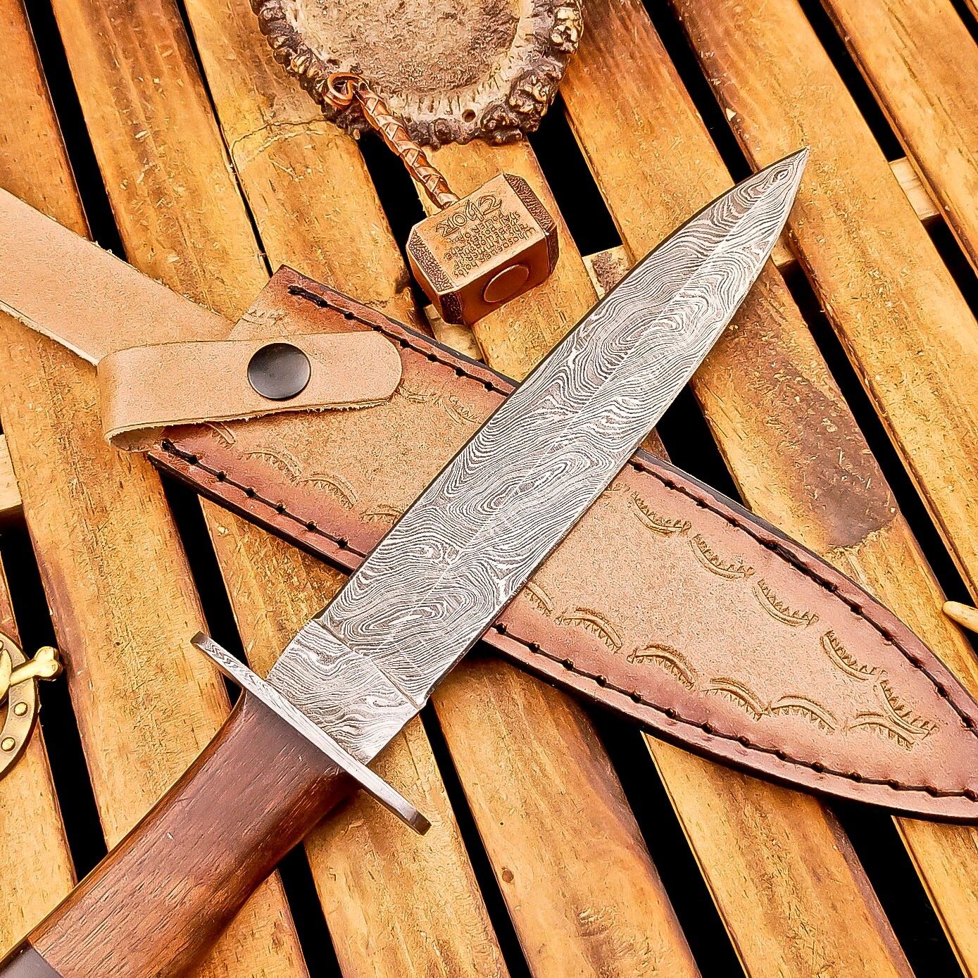 13 Inch Damascus Steel Dagger Hunting Knife with Wood Handle and Sheath