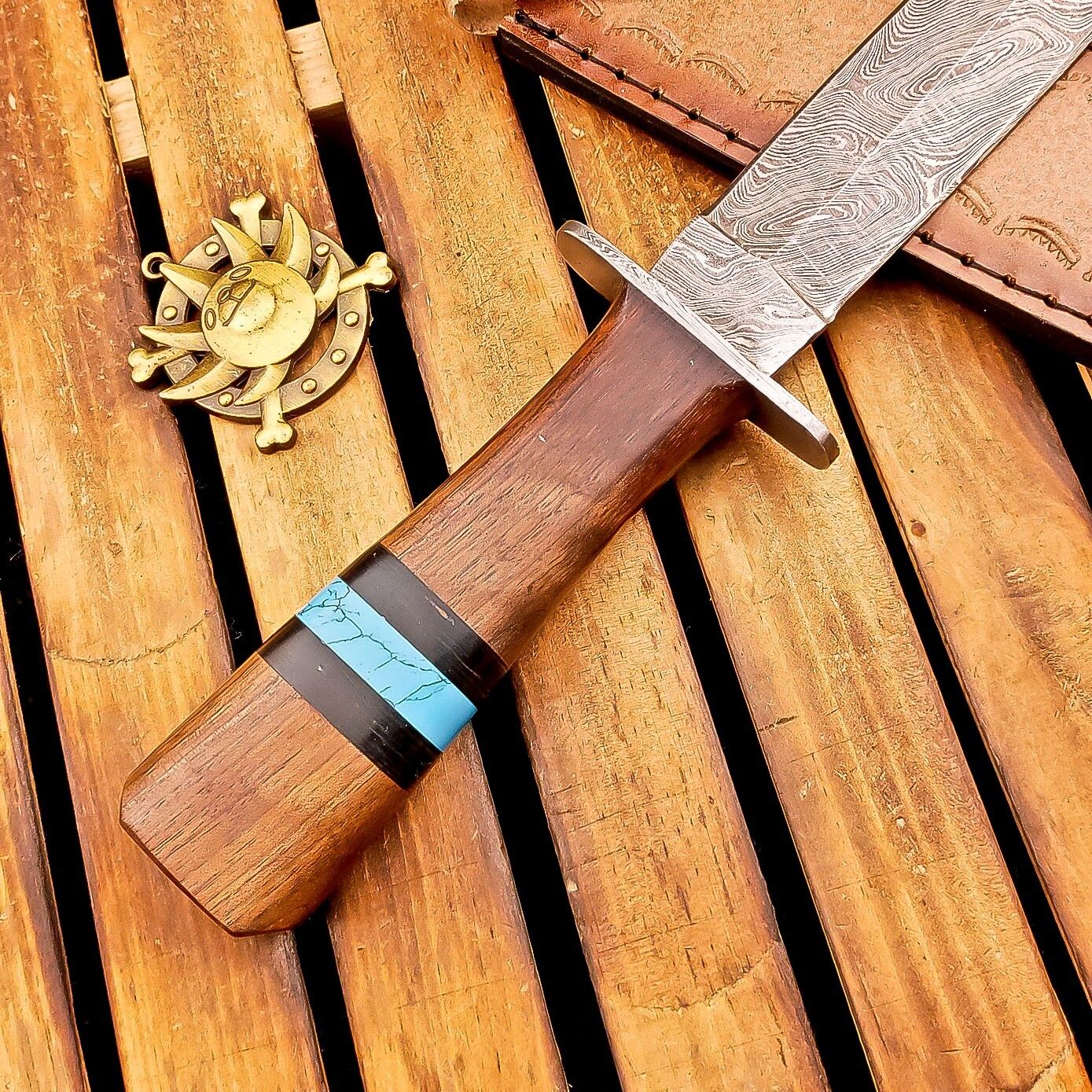 13 Inch Damascus Steel Dagger Hunting Knife with Wood Handle and Sheath