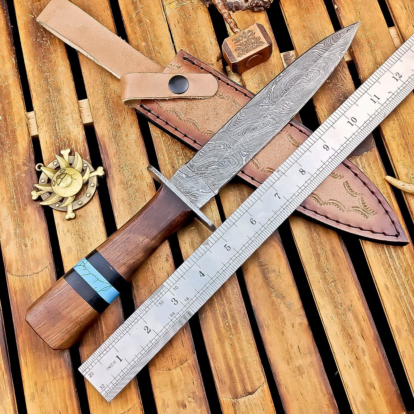13 Inch Damascus Steel Dagger Hunting Knife with Wood Handle and Sheath