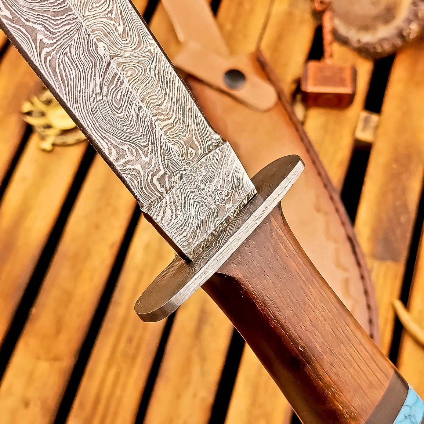 13 Inch Damascus Steel Dagger Hunting Knife with Wood Handle and Sheath