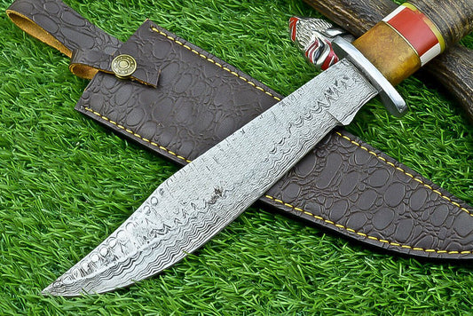 Heritage Forge 14 Inch Damascus Steel Bowie Knife with Stag Horn Resin Leather Handle | Hand Forged Hunting Camping Knife