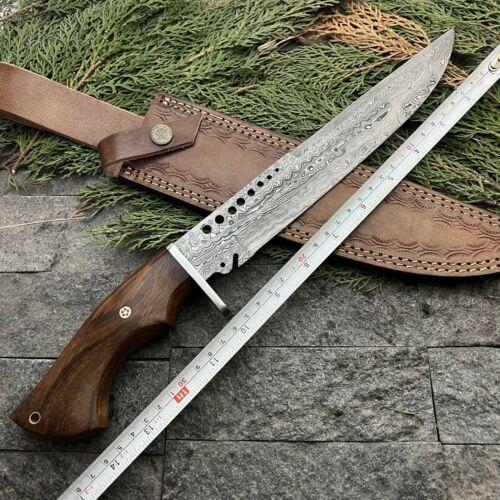 14.5" Handmade Damascus Steel Bushcraft Bowie Knife – Hardwood Handle & Leather Sheath