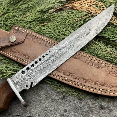 14.5" Handmade Damascus Steel Bushcraft Bowie Knife – Hardwood Handle & Leather Sheath