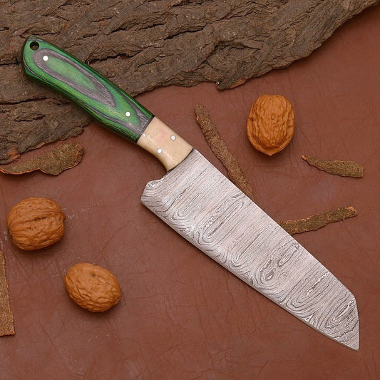 Full Tang Damascus Steel Chef Knife | Kitchen Knife with Wood Handle & Sheath