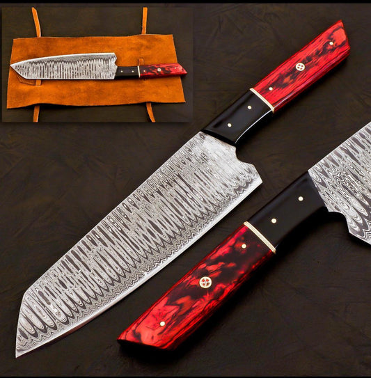 Handmade Damascus Chef Knife | Japanese Bunka Style Kitchen Knife with Rose Wood & Buffalo Horn Handle