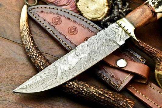 12" Laser Etched Damascus Steel Bowie Knife | Camel Bone Handle with Sheath