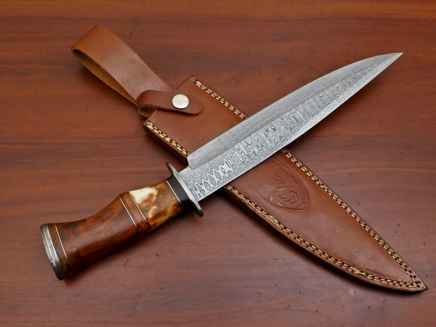 15" Custom Handmade Damascus Bowie Hunting Knife – Camel Bone & Rose Wood Handle