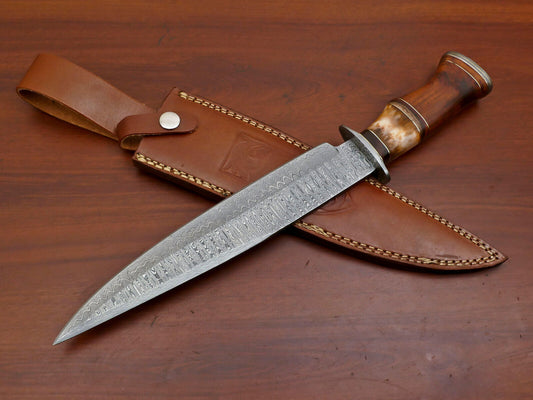 15" Custom Handmade Damascus Bowie Hunting Knife – Camel Bone & Rose Wood Handle