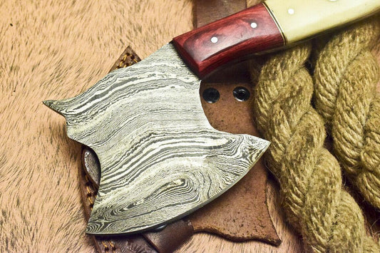 Rare Handmade Damascus Hunting Cleaver Chopper Axe Knife with Camel Bone and Hardwood Handle