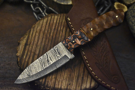 Damascus Skinner Knife Twist Pattern with Walnut Wood Handle and Wooden Bolster – Unique Hunting Gift