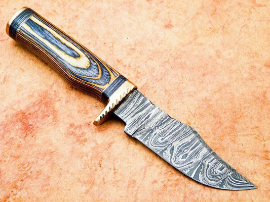 Heritage Forge 8 Inch Handmade Damascus Hunting Knife with Hardwood Handle and Leather Sheath