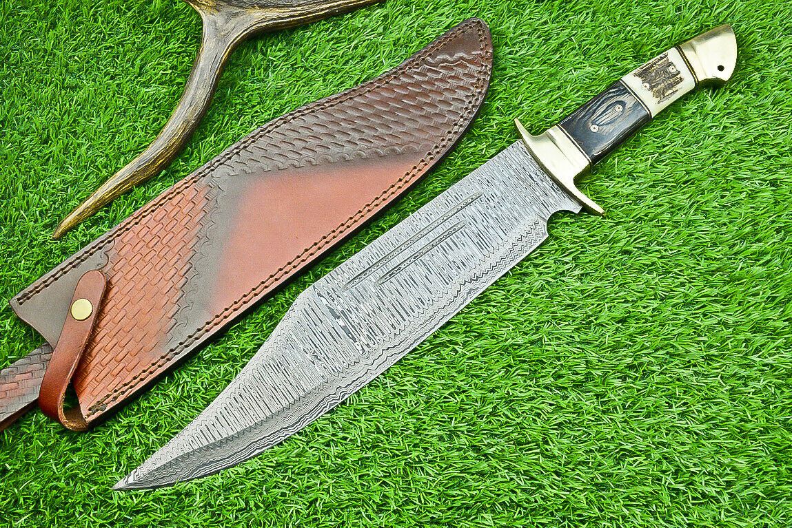 Heritage Forge 21 Inch Damascus Steel Bowie Knife with Stag Horn and Hardwood Handle