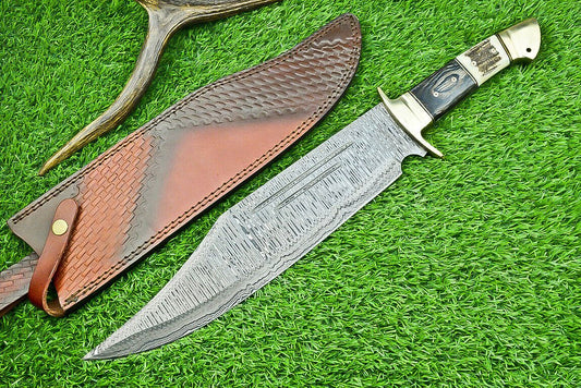 Heritage Forge 21 Inch Damascus Steel Bowie Knife with Stag Horn and Hardwood Handle