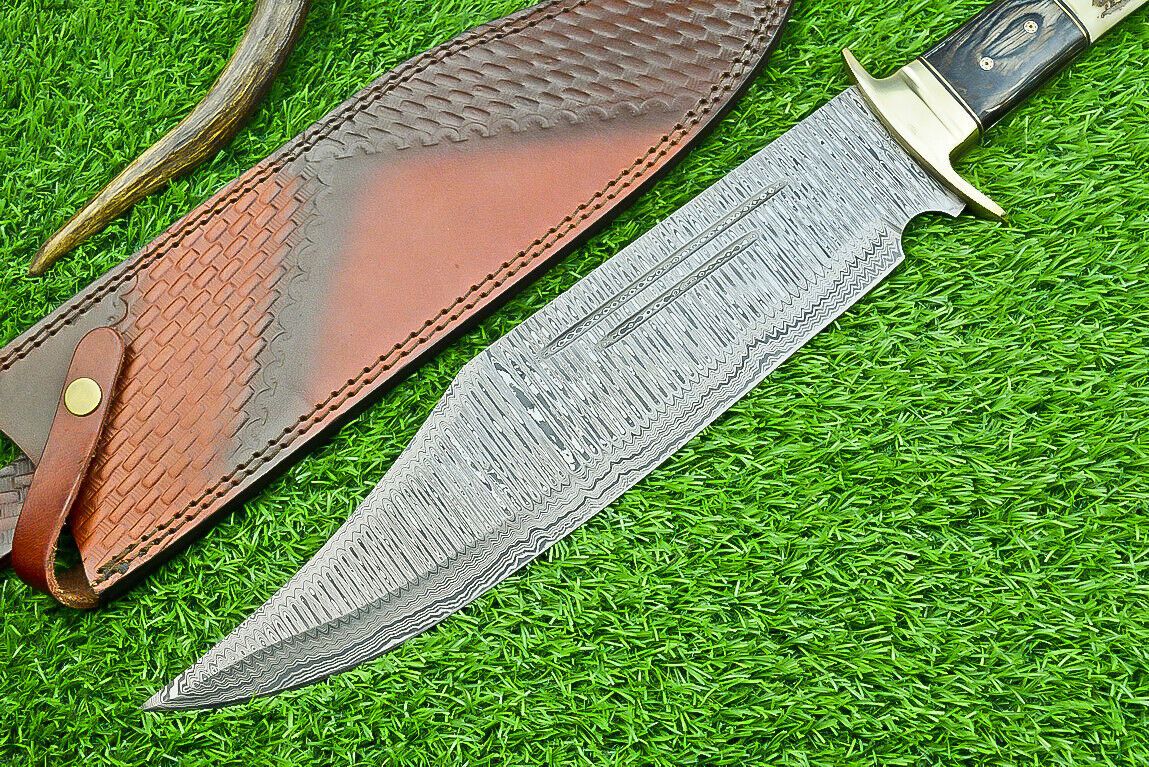 Heritage Forge 21 Inch Damascus Steel Bowie Knife with Stag Horn and Hardwood Handle